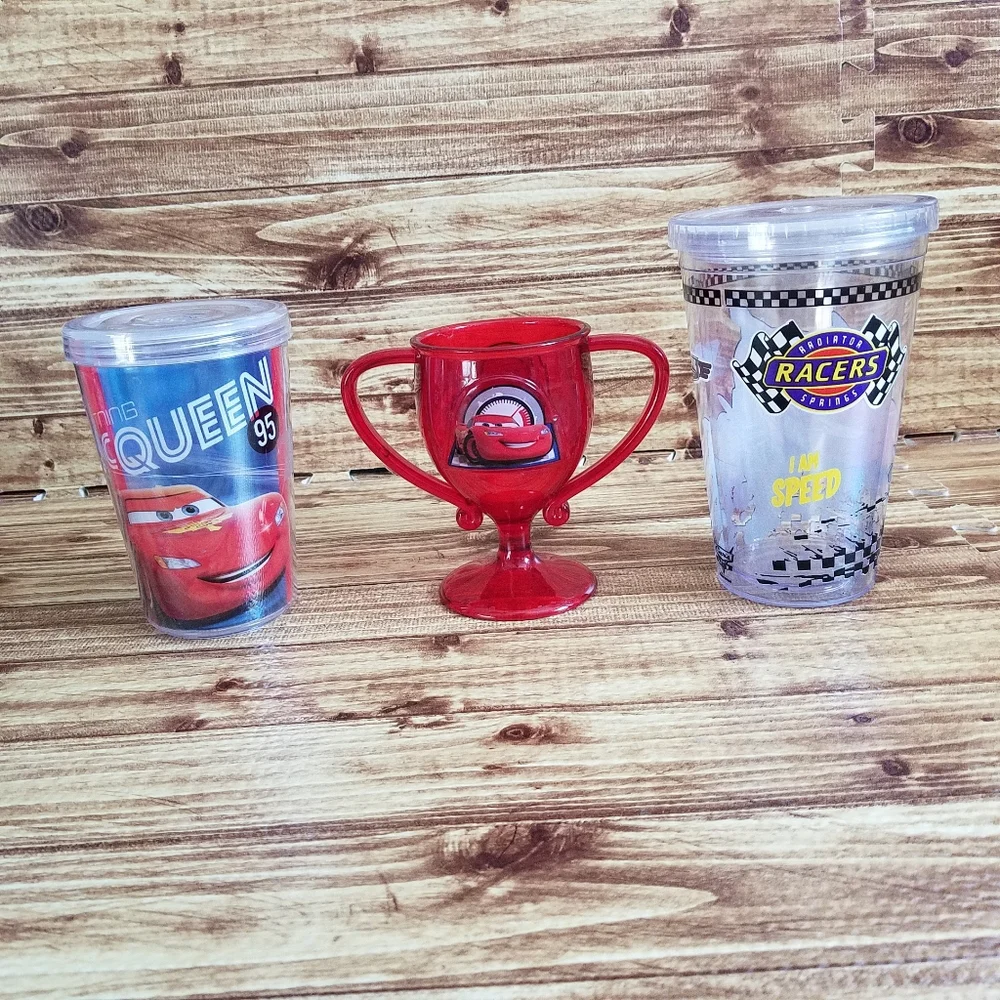 Disney Pixar Cars Plastic Drinkware Lot Piston Cup Trophy Tumblers 3pc Set